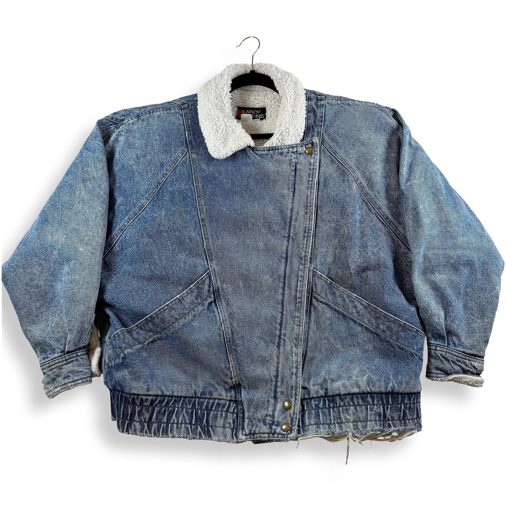 Vintage Andy Johns Acid Wash Denim Jacket Faux Shearling Collar Blue Large